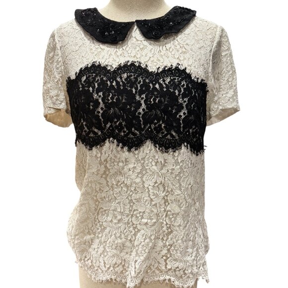 Peter Som x Made in Kind Lace Top, Size 14 – Ivory & Black, Sequined Peter Pan C - Picture 1 of 6